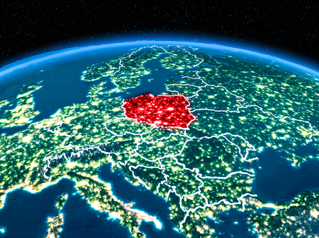 Orbit view of Poland highlighted in red with visible borderlines and city lights on planet Earth at night. 3D illustration.の写真素材