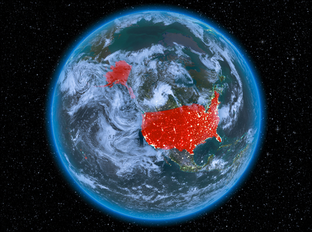 Night view of USA highlighted in red on planet Earth with atmosphere and clouds. 3D illustration.の写真素材