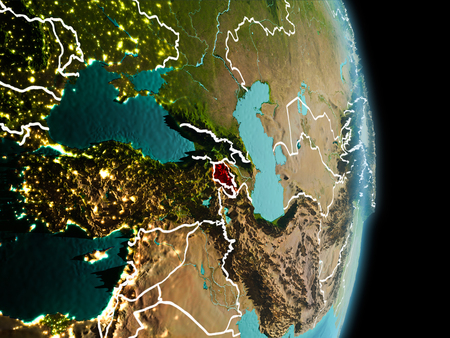 Satellite morning view of Armenia highlighted in red on planet Earth with visible border lines and city lights. 3D illustration.の写真素材