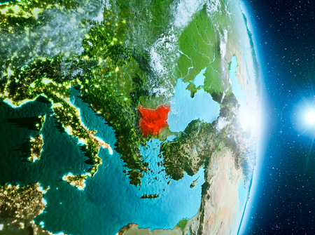Bulgaria from orbit of planet Earth with clouds during sunrise with highly detailed surface textures. 3D illustration.の写真素材