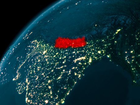 Night map of Nepal as seen from space on planet Earth. 3D illustration.の写真素材