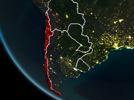 Satellite view of Chile highlighted in red on planet Earth at night with borderlines and city lights. 3D illustration.の写真素材