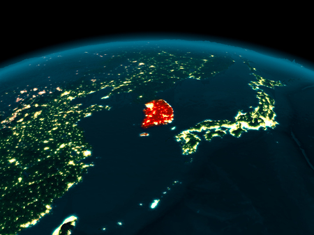 Country of South Korea in red on planet Earth at night. 3D illustration.の写真素材