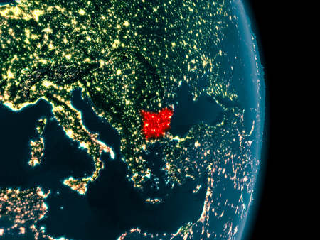 Illustration of Bulgaria as seen from Earthâs orbit at night. 3D illustration.の写真素材