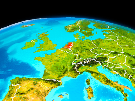 Satellite view of Netherlands highlighted in red on planet Earth with borderlines. 3D illustration.の写真素材