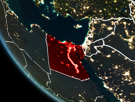 Satellite view of Egypt highlighted in red on planet Earth at night with borderlines and city lights. 3D illustration.の写真素材
