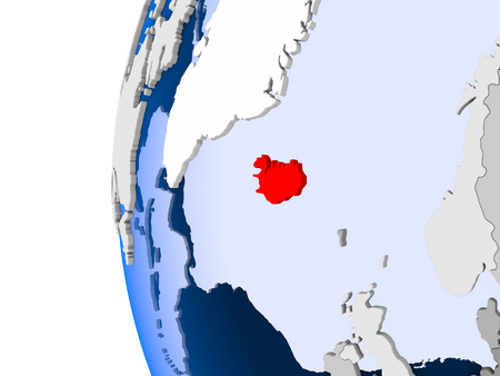 Iceland in red on political globe with transparent oceans. 3D illustration.の写真素材