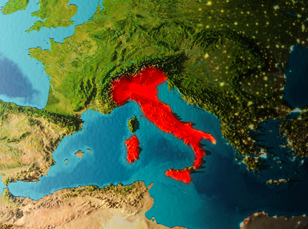 Italy in early morning light highlighted in red on planet Earth. 3D illustration.の写真素材