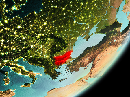Bulgaria in the morning highlighted in red on planet Earth. 3D illustration.の写真素材