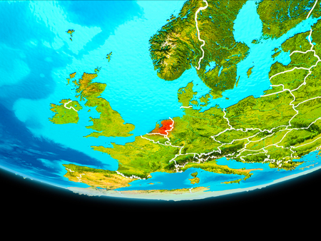 Netherlands from orbit of planet Earth with visible borderlines. 3D illustration.の写真素材