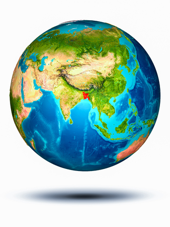 Bangladesh in red on model of planet Earth hovering in space. 3D illustration isolated on white background.の写真素材
