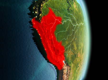 Early morning view of Peru highlighted in red on planet Earth. 3D illustration.の写真素材