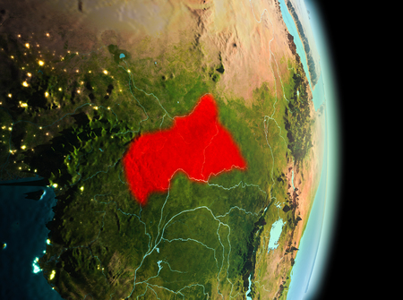 Early morning view of Central Africa highlighted in red on planet Earth. 3D illustration.の写真素材