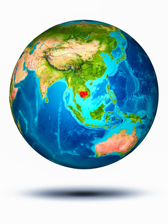 Cambodia in red on model of planet Earth hovering in space. 3D illustration isolated on white background.の写真素材