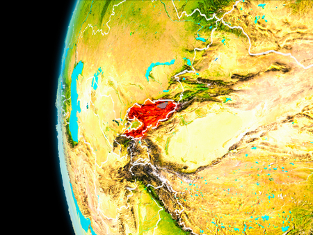 Kyrgyzstan as seen from Earthâs orbit on planet Earth highlighted in red with visible borders. 3D illustration. .の写真素材