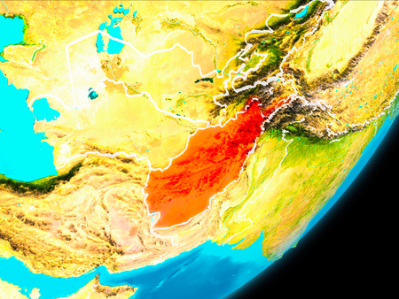 Map of Afghanistan in red as seen from space on planet Earth with white borderlines. 3D illustration.の写真素材