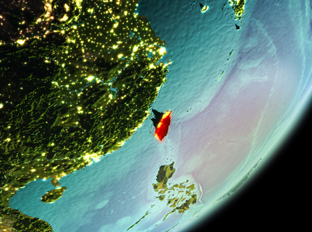 Taiwan in the morning highlighted in red on planet Earth. 3D illustration.の写真素材