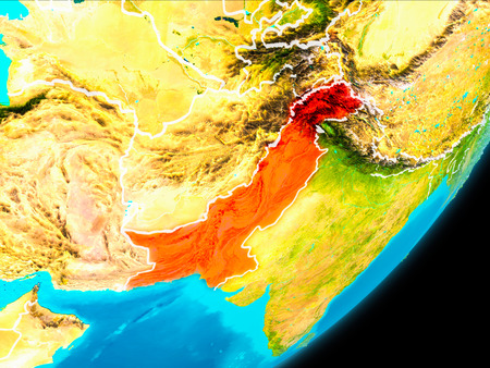 Map of Pakistan in red as seen from space on planet Earth with white borderlines. 3D illustration.の写真素材