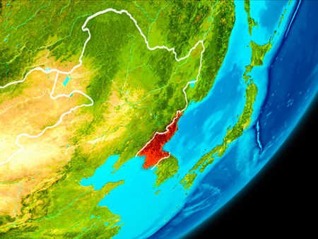 Map of North Korea in red as seen from space on planet Earth with white borderlines. 3D illustration.の写真素材