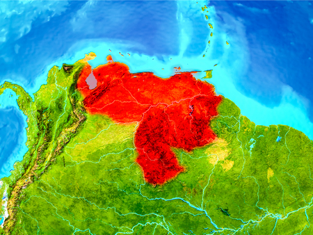 Venezuela highlighted in red on planet Earth. 3D illustration.の写真素材