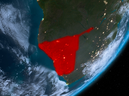 Namibia from orbit of planet Earth at night with highly detailed surface textures and clouds. 3D illustration.の写真素材
