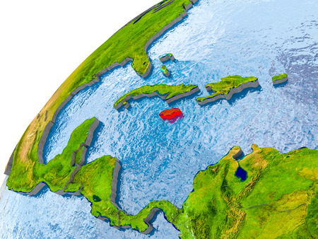 Jamaica on simple globe with visible country borders and realistic water in the oceans. 3D illustration.の写真素材