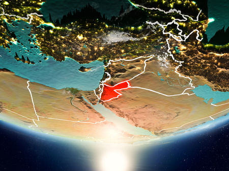 Jordan from orbit of planet Earth in sunrise with highly detailed surface textures and visible country borders. 3D illustration.の写真素材