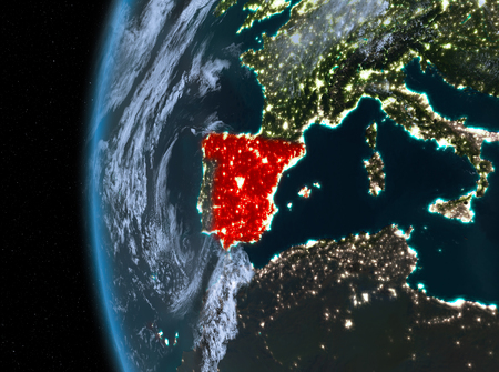 Night map of Spain as seen from space on planet Earth. 3D illustration.の写真素材