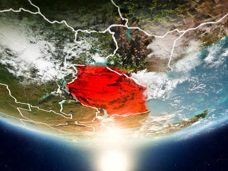 Tanzania from orbit of planet Earth in sunrise with highly detailed surface textures and visible country borders. 3D illustration.の写真素材