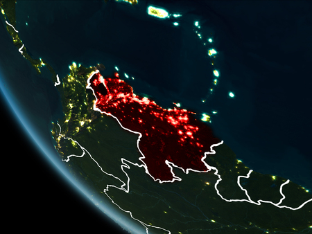 Satellite view of Venezuela highlighted in red on planet Earth at night with borderlines and city lights. 3D illustration.の写真素材