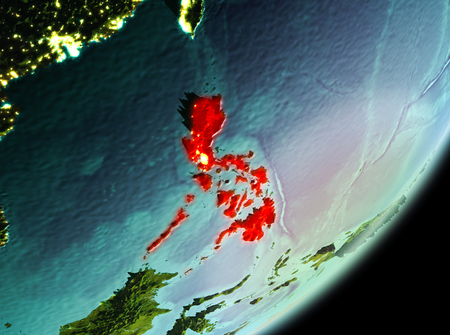 Philippines in the morning highlighted in red on planet Earth. 3D illustration.の写真素材