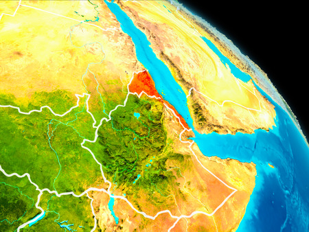 Space orbit view of Eritrea highlighted in red on planet Earth with visible borders. 3D illustration.の写真素材