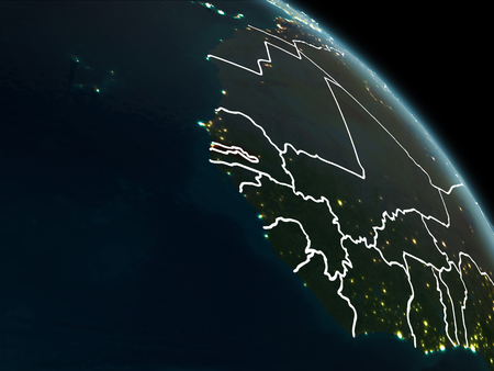Gambia from orbit of planet Earth at night with visible borderlines and city lights. 3D illustration.の写真素材