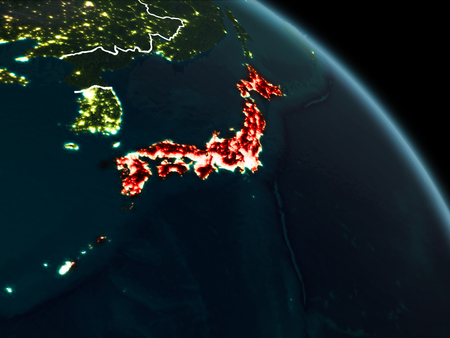 Japan from orbit of planet Earth at night with visible borderlines and city lights. 3D illustration.の写真素材