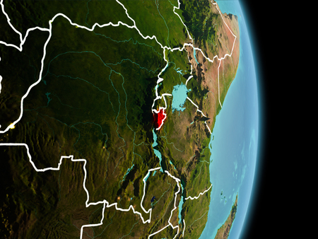 Satellite morning view of Burundi highlighted in red on planet Earth with visible border lines and city lights. 3D illustration.の写真素材