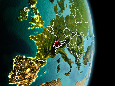 Satellite morning view of Switzerland highlighted in red on planet Earth with visible border lines and city lights. 3D illustration.の写真素材
