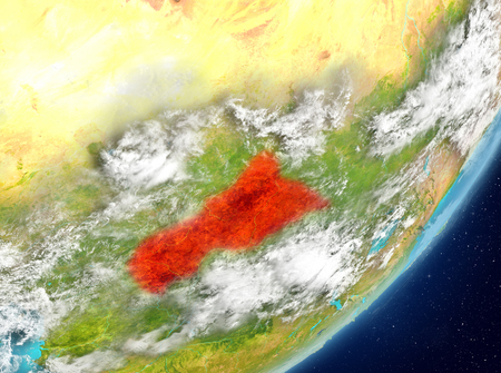 Satellite view of Central Africa highlighted in red on planet Earth with clouds. 3D illustration.の写真素材