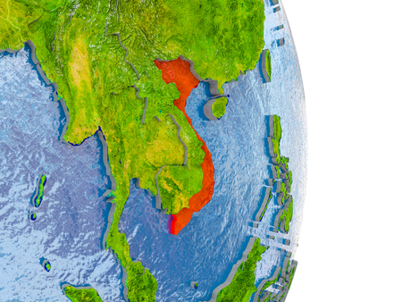 Vietnam in red on model of globe with embossed countries and realistic water. 3D illustration.の写真素材