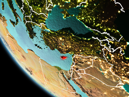 Cyprus from orbit of planet Earth at night with highly detailed surface textures with visible border lines and city lights. 3D illustration.の写真素材