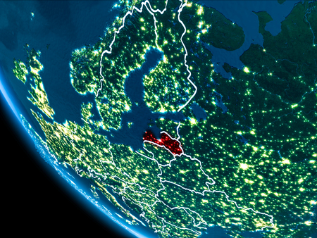 Map of Latvia in red as seen from space on planet Earth at night with white borderlines and city lights. 3D illustration.の写真素材