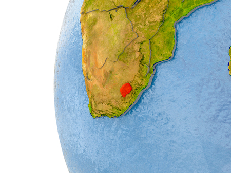 Lesotho in red on globe with real land surface, visible country borders and water in place of ocean. 3D illustration.の写真素材