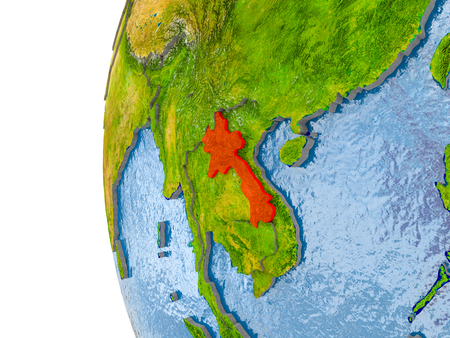 Laos in red on globe with real land surface, visible country borders and water in place of ocean. 3D illustration.の写真素材