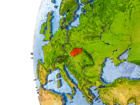 Slovakia in red on globe with real land surface, visible country borders and water in place of ocean. 3D illustration.の写真素材