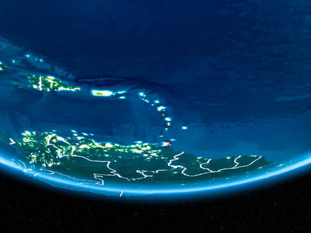 Caribbean in red with visible country borders and city lights from space at night. 3D illustration.の写真素材