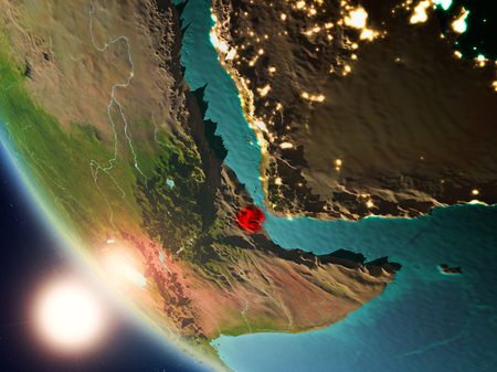 Satellite view of Djibouti highlighted in red on planet Earth with visible country borders during sunset. 3D illustration.の写真素材