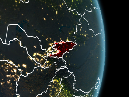 Map of Kyrgyzstan in red as seen from space on planet Earth at night with white borderlines and city lights. 3D illustration.の写真素材