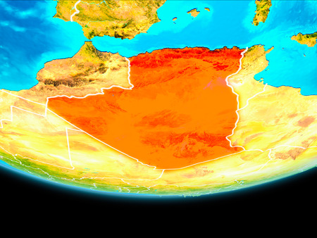 Algeria from orbit of planet Earth with visible borderlines. 3D illustration.の写真素材