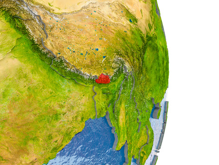 Bhutan in red on model of globe with embossed countries and realistic water. 3D illustration.の写真素材
