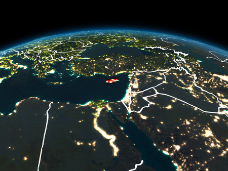 Space orbit view of Cyprus highlighted in red on planet Earth at night with visible country borders and city lights. 3D illustration.の写真素材