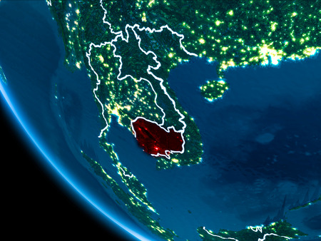Map of Cambodia in red as seen from space on planet Earth at night with white borderlines and city lights. 3D illustration.の写真素材